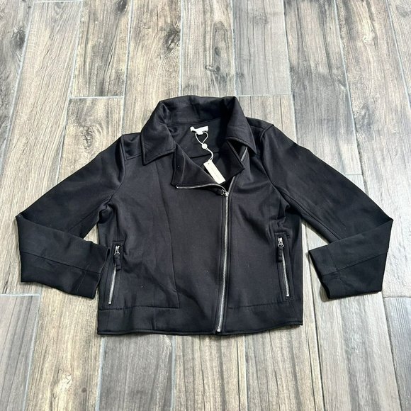 Max Studio $118 Ladies large  Black Knit Scuba Moto Jacket Casual Minimalist - Picture 1 of 5